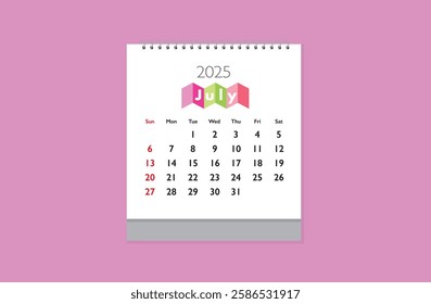 July 2025 Calendar on purple color background. Date month of July 2025. Page of annual monthly calendar July 2025.