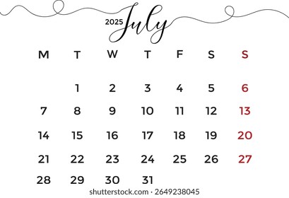 July 2025 calendar on a white background