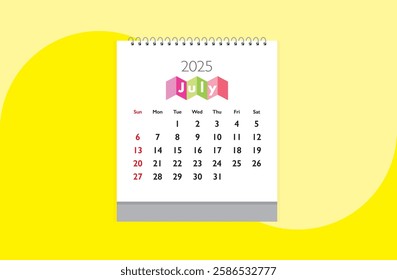 July 2025 Calendar on yellow color background. Date month of July 2025. Page of annual monthly calendar July 2025.