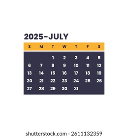 July 2025 calendar page on white background. Calendar background for reminder, business planning, appointment meeting and event.