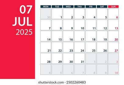 July 2025 Calendar Planner - Vector. Template Mock up