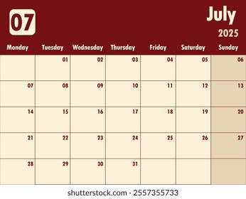 July 2025 calendar.  A simple monthly planner vector design