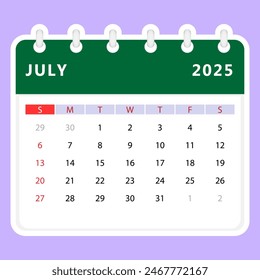 July 2025 calendar. Sunday start. Vector design
