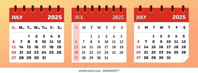 July 2025 Calendar Template. Modern and Minimalist Business Planner. Used as a desk planner, wall calendar, or digital agenda. Flat vector illustration