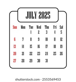 July 2025 calendar vector illustration - Powered by Shutterstock - Get 15% off with code: PIKWIZARD15