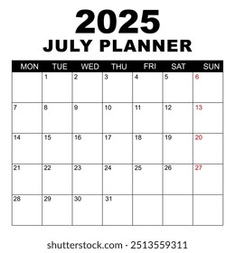 July 2025 Calendar. Week starts on Monday. Blank Calendar Template. Fits Letter Size Page. Stationery Design. Simple set calendar 2025. Monthly calendar template. Planner for 2025 year.