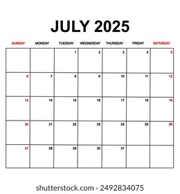 july 2025 with holydays or red dates. monthly calendar design with week starts on sunday. printable, simple, and clean vector design isolated on white background.