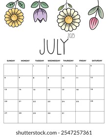 July 2025 Kids Calendar with Cute Floral Design