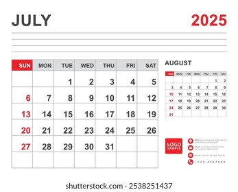 July 2025 layout, Calendar 2025 template, Printable minimalist monthly planner, Desk Calendar 2025 template, Wall calendar design, Week Start On Sunday, Stationery, printing, red color, vector
