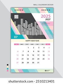 July 2025 layout, Wall calendar 2025 template pastel creative backgrounds, Desk calendar 2025 design, poster, planner, Calendar date, Week starts on Sunday, Stationery, vertical page, vector