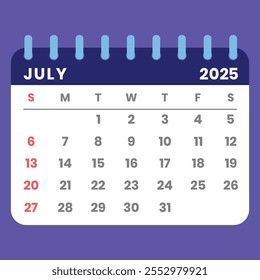 Julho 2025 calendário estilo carta com uma semana começando no domingo. Ideal para gerenciamento de tempo, planejamento e programação. Conceito de design plano com um layout mensal destacável. Ilustração vetorial.