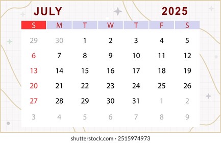July 2025 monthly calendar. Cute calendar template. Sunday start. Vector design