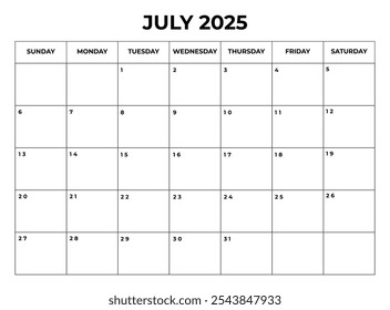 Julio 2025 Diseño de calendario mensual con notas y la semana comienza desde el domingo