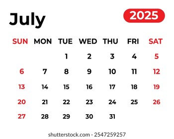 Julio 2025 Diseño de calendario mensual con aspecto limpio y la semana comienza desde el domingo