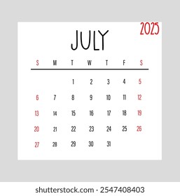 Julio 2025 Semana mensual de diseño del calendario comienza desde el domingo