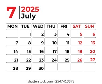 Julio 2025 Semana mensual de diseño del calendario comienza desde el domingo