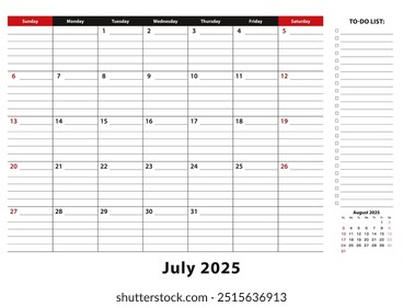 July 2025 Monthly Desk Pad Calendar week starts from sunday, size A3. July 2025 calendar planner with to-do list and place for notes.