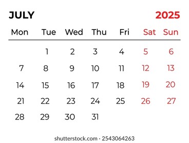 july 2025 Monthly Office Calendar design with clean look and week starts from sunday