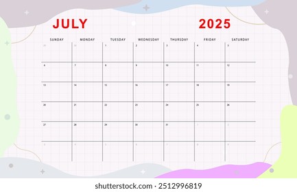 July 2025 monthly planner. Cute calendar template. Sunday start. Vector design