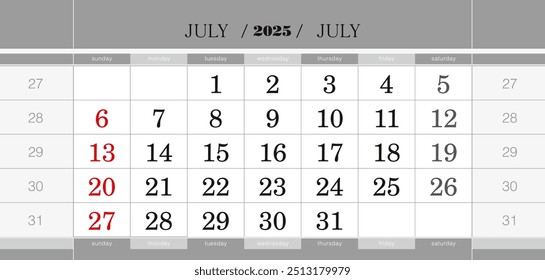 Juli 2025 vierteljährlicher Kalenderblock. Wandkalender auf Englisch, Woche beginnt am Sonntag. Vektorgrafik.