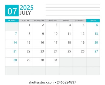 Plantilla de julio de 2025, Calendario planificador 2025, inicio de la semana el lunes, Calendario de escritorio 2025 año, planificador simple y diseño limpio, Diseño de calendario de pared, Plantilla de planificador Corporativa, Vector de medios impresos
