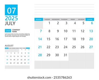 July 2025 template, Calendar planner 2025, week start on Monday, Desk calendar 2025 year, simple planner and clean design, Wall calendar design, Corporate planner template, Business template