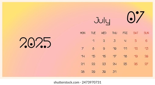 July 2025 template calendar. Trendy gradient background. The week begins on Monday. Ideal for planners, desk calendars, wall calendars, print media, advertisements, and office stationery