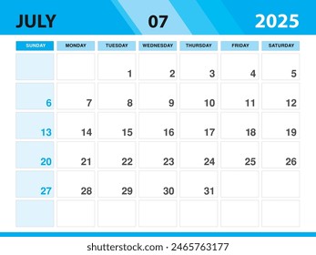 July 2025 template, Calendar 2025 template vector, planner monthly design, Desk calendar 2025, Wall calendar design, Minimal style, advertisement, poster, printing media, green background concept