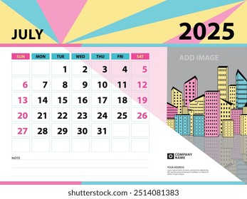 July 2025 template - Calendar 2025 year design, Desk calendar 2025 year, Planner, Week starts on Sunday, Wall calendar design, Stationery design, vintage background vector eps10
