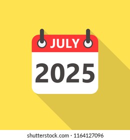 July 2025 year calendar flat style icon with long shadow.
