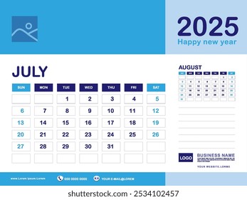 July 2025 year, Calendar planner 2025 and Set of 12 Months, week start on Sunday. Desk calendar 2025 design, simple, Wall calendar, Corporate design planner template vector, blue background