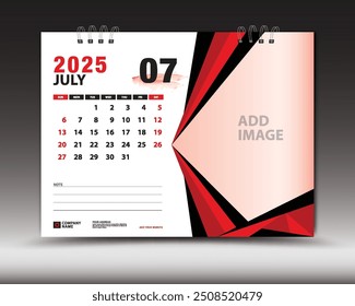 July 2025 year, Desk calendar 2025 template, Printable, Planner, Wall calendar design, Week starts on Sunday, Stationery design, Printing media, advertisement, calendar design vector illustration