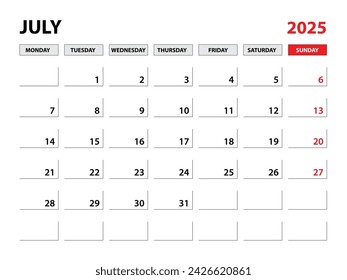 July 2025 year planner template, calendar 2025 template, monthly and yearly planners. organizer diary. week start monday, corporate planner template, Desk calendar 2025, Horizontal layout, vector