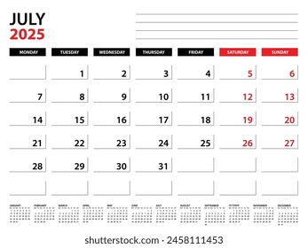 Plantilla del planificador anual de julio de 2025, Plantilla del calendario 2025, planificadores mensuales y anuales. agenda del organizador. inicio de la semana lunes, Plantilla del planificador corporativo, agenda del escritorio 2025, Ilustración vectorial