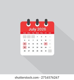 Vector Calendar Icon de julio de 2026. Ilustración moderna del planificador mensual: Ilustración vectorial moderna del ícono del calendario de julio de 2026 para la planificación mensual y la programación comercial.