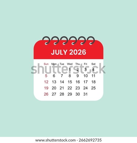 July 2026 Calendar Leaf. Calendar 2026 in flat style vector stock illustration.