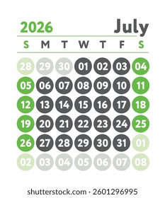 July 2026 calendar. New year planner design. English calender. Green color vector template. Week starts on Sunday. Business planning. 