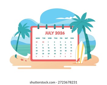 Ilustração de vetor de página do calendário de julho de 2026. Paisagem de praia tropical com palmeiras, areia e uma prancha de surfe. Conceito de férias de verão, mar e viagens