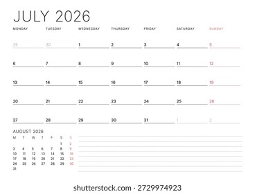 July 2026 calendar planner template. Week starts on Monday. Modern and simple design for business scheduling and organization. Vector illustration for a printable agenda layout