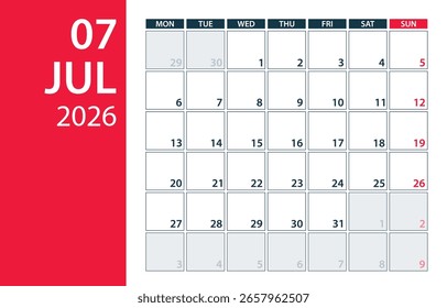 July 2026 Calendar Planner - Vector. Template Mock up