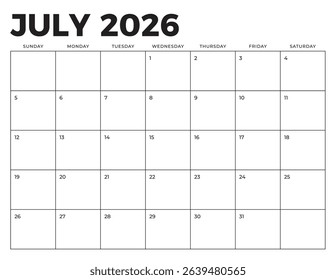 July 2026 Calendar. Week starts on Sunday. Blank Calendar Template. Fits Letter Size Page. Stationery Design.