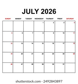 july 2026 with holydays or red dates. monthly calendar design with week starts on sunday. printable, simple, and clean vector design isolated on white background.