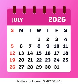 July 2026 Monthly Calendar. Pink may calendar and planner, Strategic july 2026 Time Planner. Vector design.