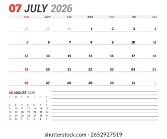 O Modelo de Calendário Mensal de julho de 2026 para Planejamento e Organização fornece layout ideal para listas de tarefas estruturadas e prazos semanais. A semana começa no domingo. Ideal para trabalho remoto