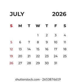 July 2026 vector calendar grid isolated on white background