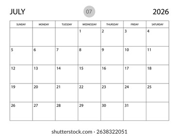 july 2026 year planner template, calendar 2026 template, monthly and yearly planners. organizer diary. week start Sunday, corporate planner template, Desk calendar 2026 year, Vector illustration