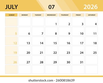 July 2026 year template, Calendar 2026 design vector, Desk calendar 2026, planner monthly design, Wall calendar, Minimal style, poster, Week Starts on Sunday, printing media, yellow background