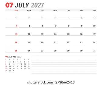 July 2027 calendar planner template. Week starts on Monday. Modern and simple design for business scheduling and organization. Vector illustration for a printable agenda layout