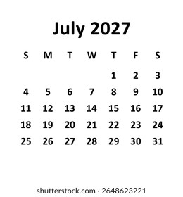 julho de 2027. design de calendário mensal. semana começa no domingo. design de vetor imprimível, editável, simples e limpo isolado no fundo branco.