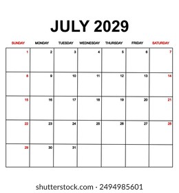 july 2029 Calendar with holydays or red dates. monthly calendar design with week starts on sunday. printable, simple, and clean vector design isolated on white background.